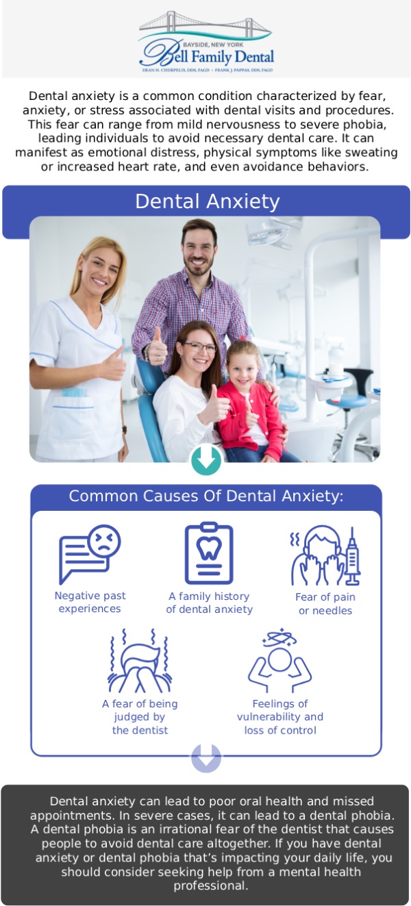 Common questions asked by patients: Is it normal to be afraid of going to the dentist? Will my dental treatment hurt? Can I take a break during my dental appointment if I feel overwhelmed? How does Bell Family Dental help patients with dental anxiety? For more information, contact us or request an appointment online. We are conveniently located at 33-03 Bell Blvd, Bayside, NY 11361. Common questions asked by patients: Is it normal to be afraid of going to the dentist? Will my dental treatment hurt? Can I take a break during my dental appointment if I feel overwhelmed? How does Bell Family Dental help patients with dental anxiety? For more information, contact us or request an appointment online. We are conveniently located at 33-03 Bell Blvd, Bayside, NY 11361.