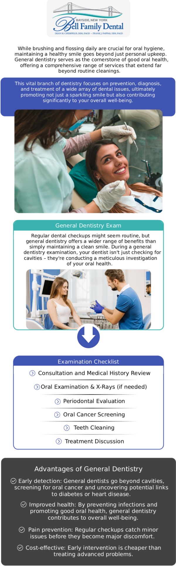 If you are looking for trusted general dentistry in Bayside, NY, Bell Family Dental is dedicated to keeping your smile healthy, beautiful, and fully functional for a lifetime. Dean Cherpelis, DDS, FAGD, Frank Pappas, DDS, FAGD, and Theodore Davantzis, DDS, FAGD offer a full spectrum of preventive and restorative dental care tailored to patients of all ages—from routine cleanings and comprehensive exams to high-quality fillings, custom crowns, and essential periodontal maintenance. For more information, contact us or request an appointment online. We are conveniently located at 33-03 Bell Blvd, Bayside, NY 11361.