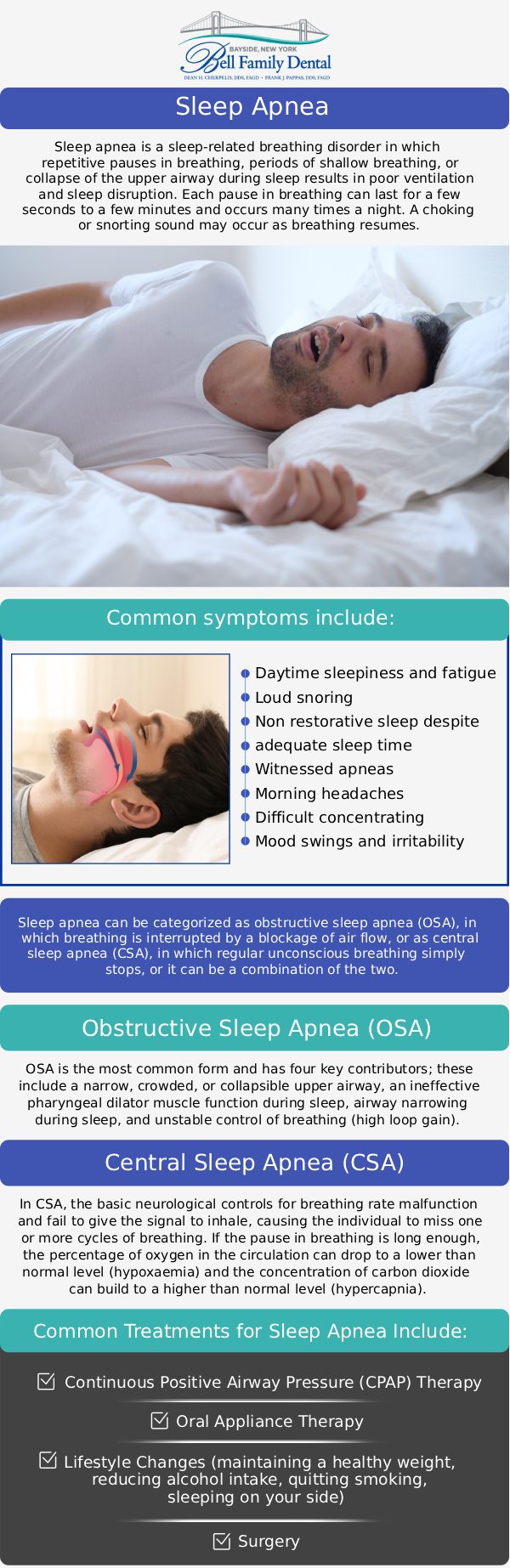 Common questions asked by patients: What is sleep apnea? What are the common signs of sleep apnea? What happens if sleep apnea is left untreated? How can Bell Family Dental help with my sleep apnea? For more information, contact us or request an appointment online. We are conveniently located at 33-03 Bell Blvd, Bayside, NY 11361.