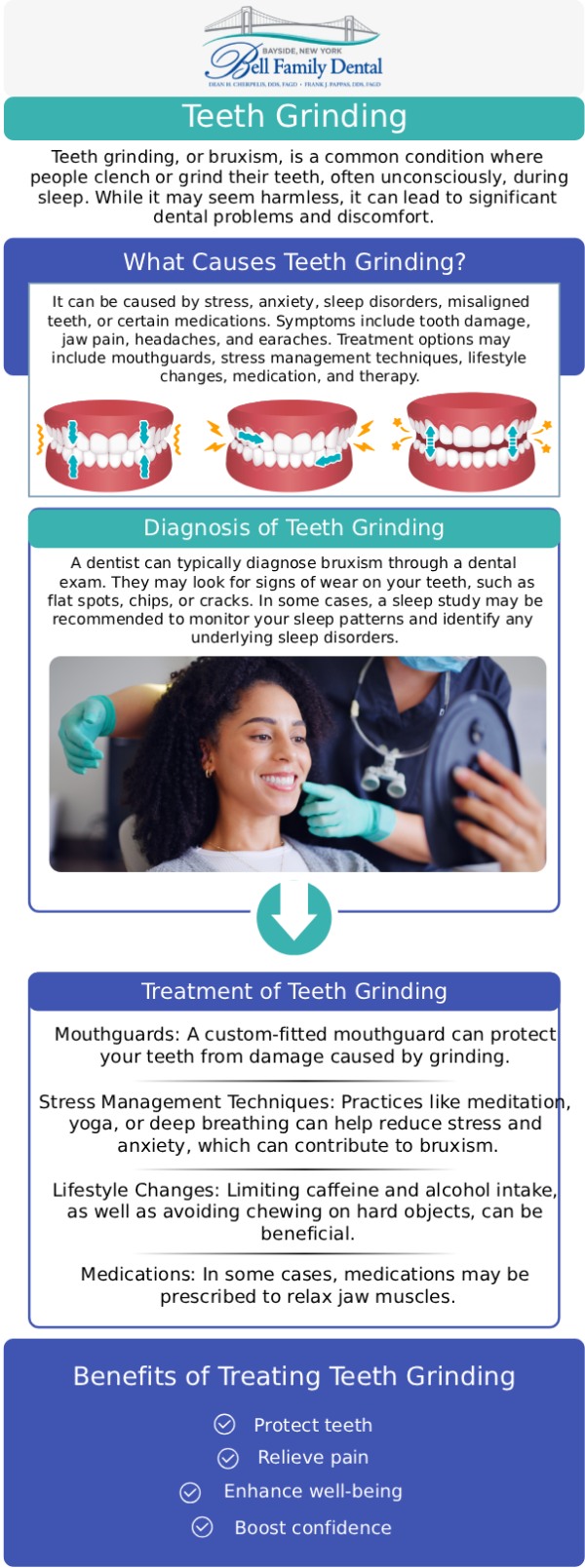 Common questions asked by patients: What is teeth grinding, and what are its common symptoms? How is severe teeth grinding typically treated? What causes people to grind their teeth? How can Bell Family Dental help me stop grinding my teeth? For more information, contact us or request an appointment online. We are conveniently located at 33-03 Bell Blvd, Bayside, NY 11361. Common questions asked by patients: What is teeth grinding, and what are its common symptoms? How is severe teeth grinding typically treated? What causes people to grind their teeth? How can Bell Family Dental help me stop grinding my teeth? For more information, contact us or request an appointment online. We are conveniently located at 33-03 Bell Blvd, Bayside, NY 11361.